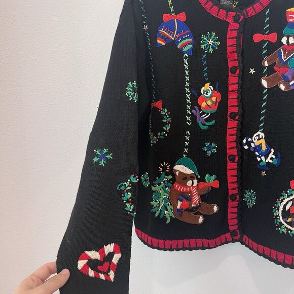 VTG Designers Originals Studio Christmas Cardigan L Bear Ski Appliqué Embroidery - Picture 3 of 10
